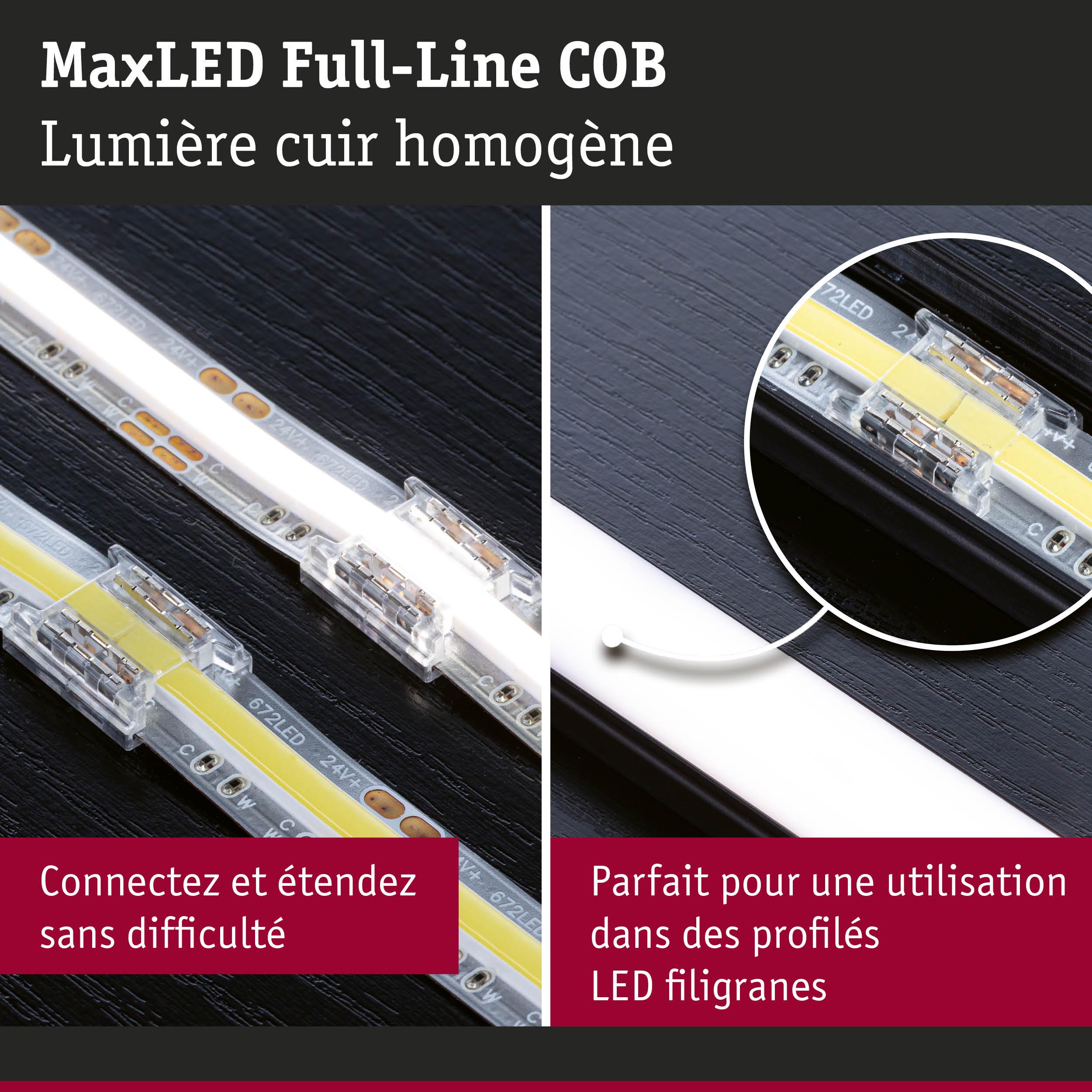Bande LED MaxLED Full-Line COB avec connecteurs transparents sur fond noir pour une installation facile