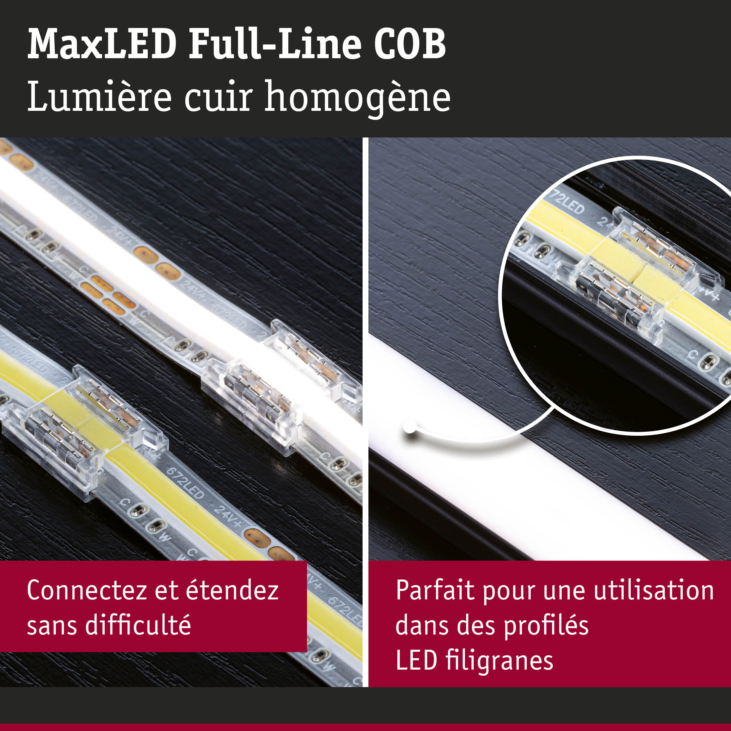 Bande LED MaxLED Full-Line COB avec lumière homogène sur fond noir pour éclairage LED