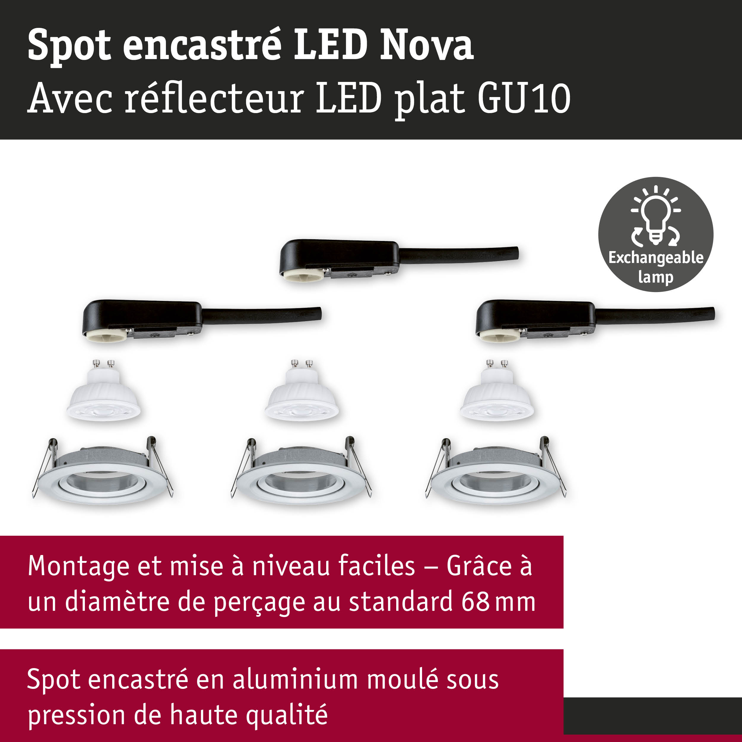 Spot encastré LED Nova avec réflecteur LED plat GU10 et câble de connexion noir