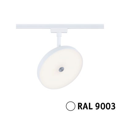 Round white LED spotlight RAL 9003 with adjustable head for modern track lighting systems
