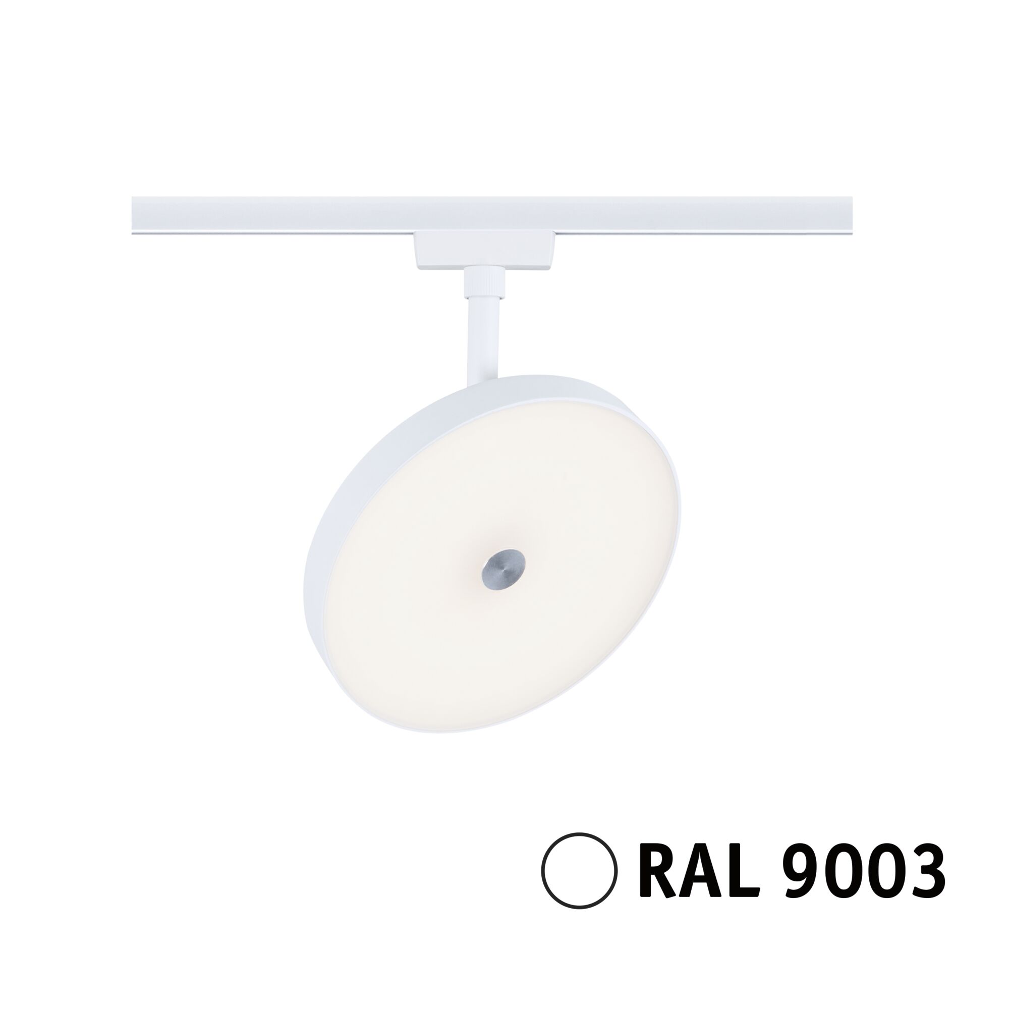 Rundes LED-Spotlicht in Weiß RAL 9003 mit schwenkbarem Kopf für moderne Schienensysteme