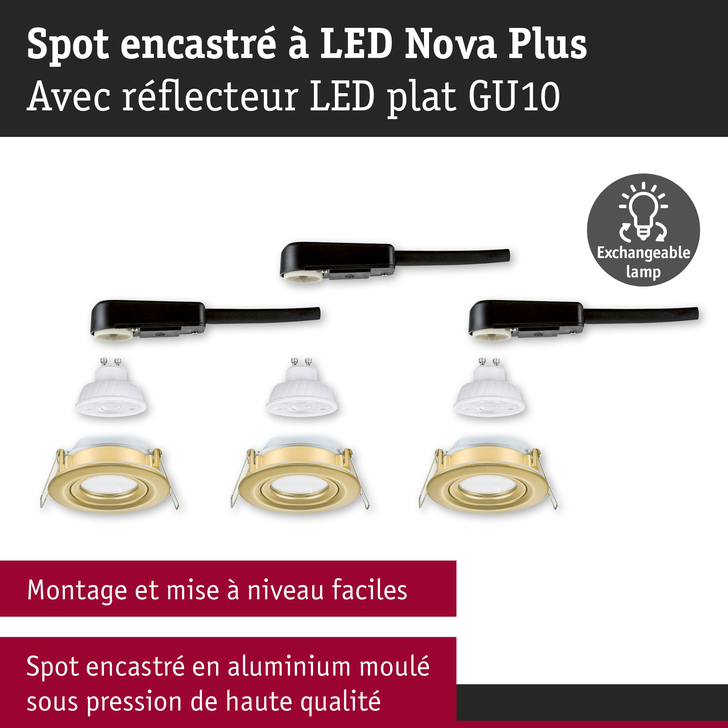 Spot encastré LED Nova Plus en aluminium doré avec lampe LED GU10 interchangeable