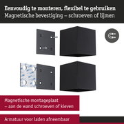Zwarte magnetische montageplaat met schroeven en plakstrip voor flexibele wandmontage