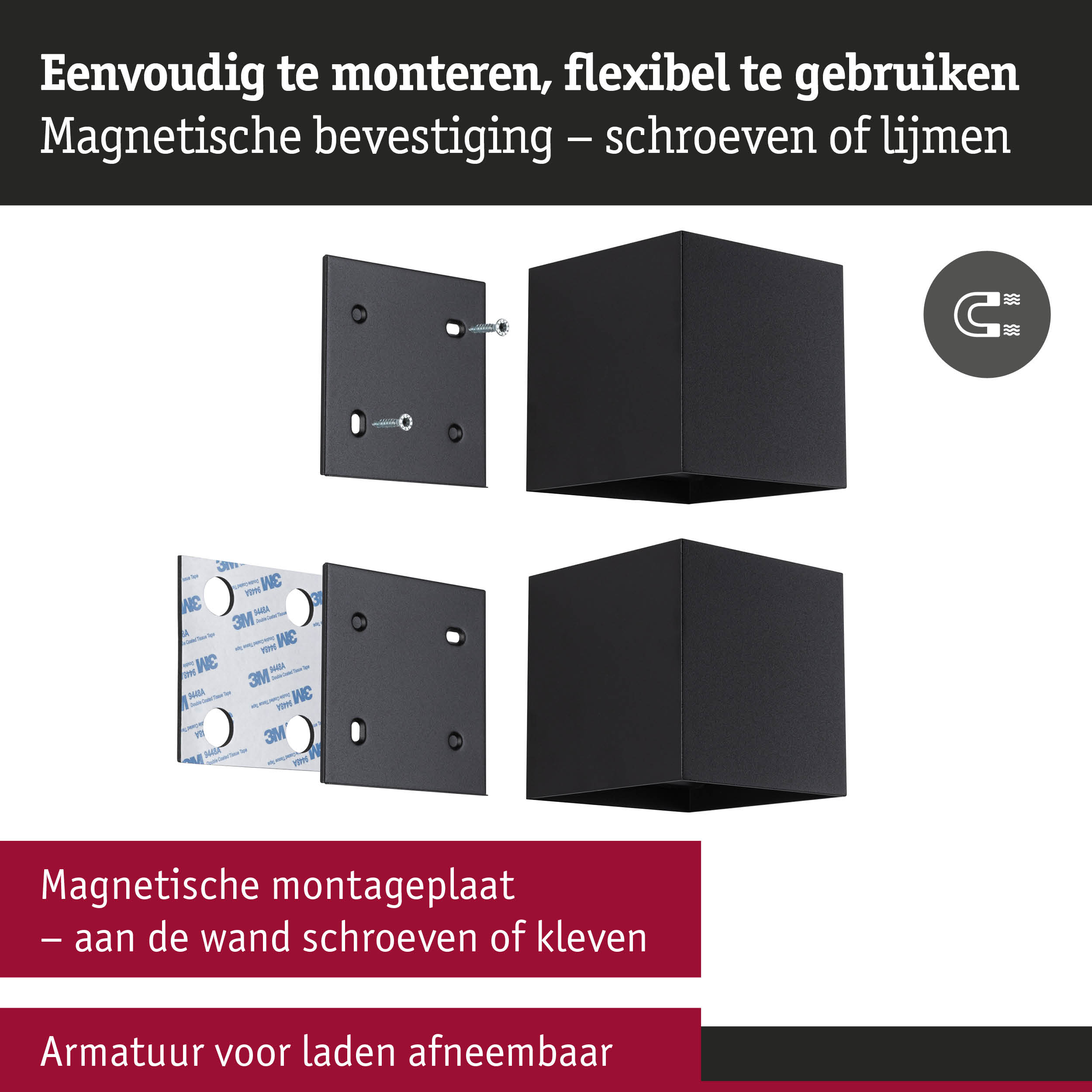 Zwarte magnetische montageplaat met schroeven en plakstrip voor flexibele wandmontage