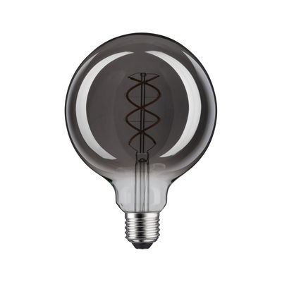 Runde LED-Glühbirne mit Spiralfaden in rauchgrauem Glas für dekorative Beleuchtung