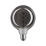 Round LED bulb with spiral filament in smoked glass for decorative lighting use