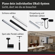 Modulares URail-Schienensystem mit schwarzen und weißen Schienen, Steckern und Pendelleuchten für flexible Raumbeleuchtung