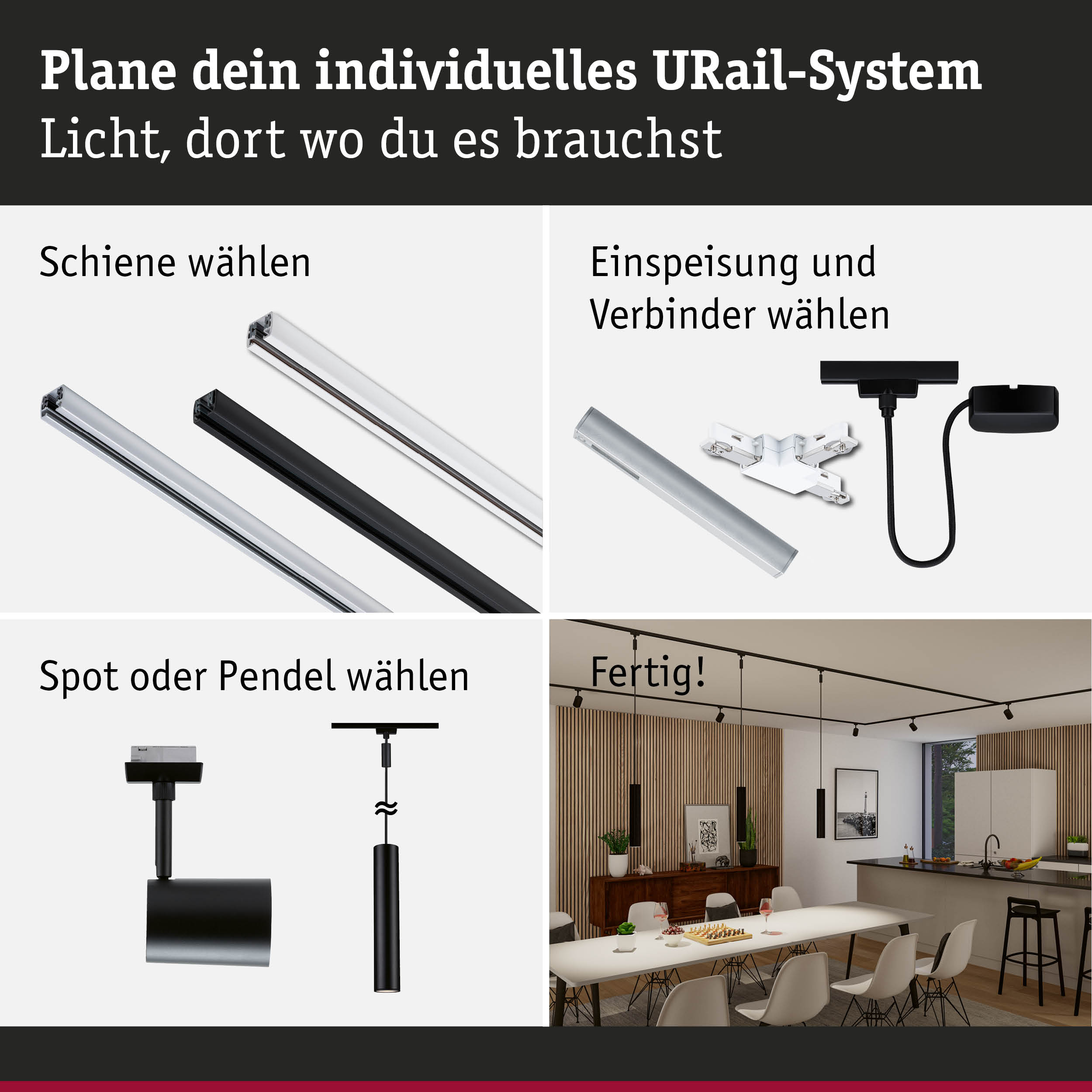 Modulares URail-Schienensystem mit schwarzen und weißen Schienen, Steckern und Pendelleuchten für flexible Raumbeleuchtung