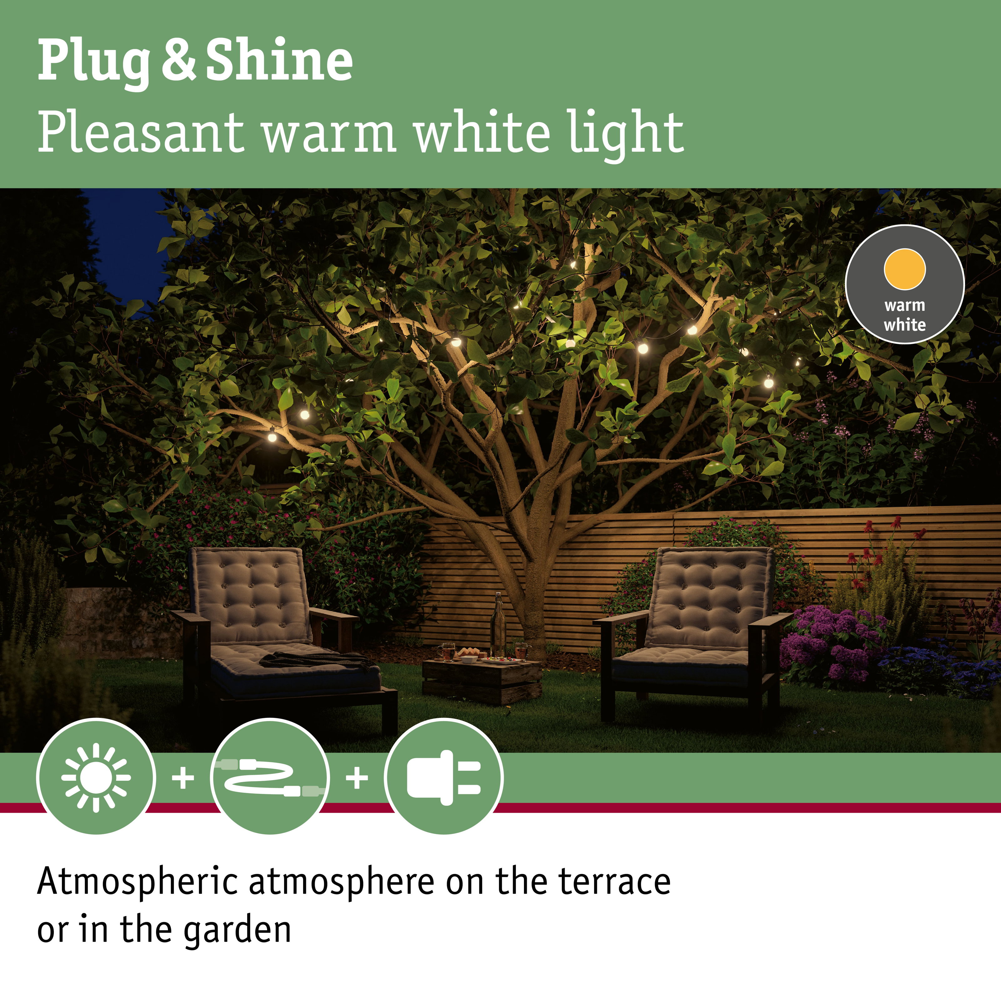 Warm white Plug & Shine LED string lights on garden terrace with comfortable seating