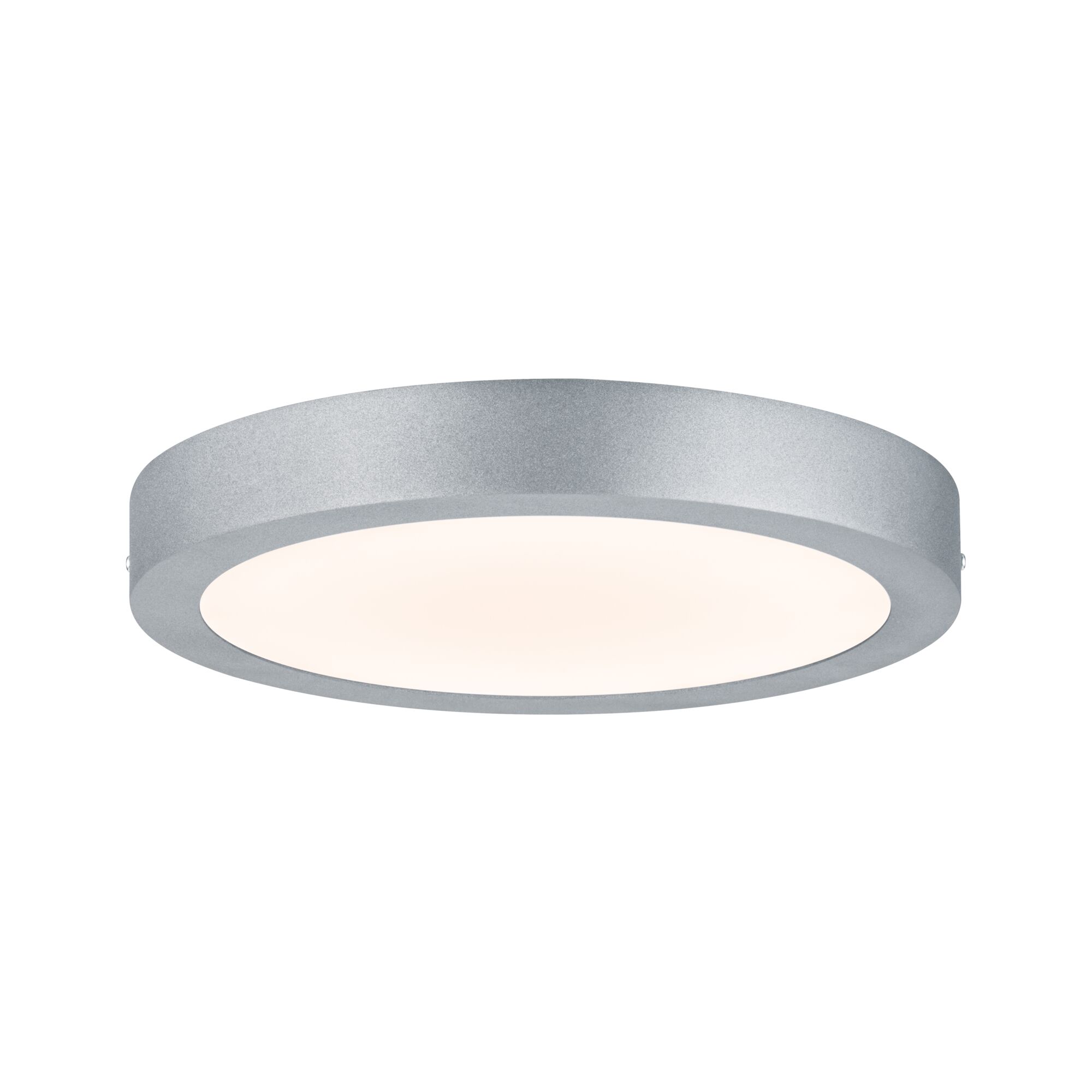 Runde Deckenleuchte aus silbernem Metall mit weißem Diffusor für modernes LED-Raumlicht