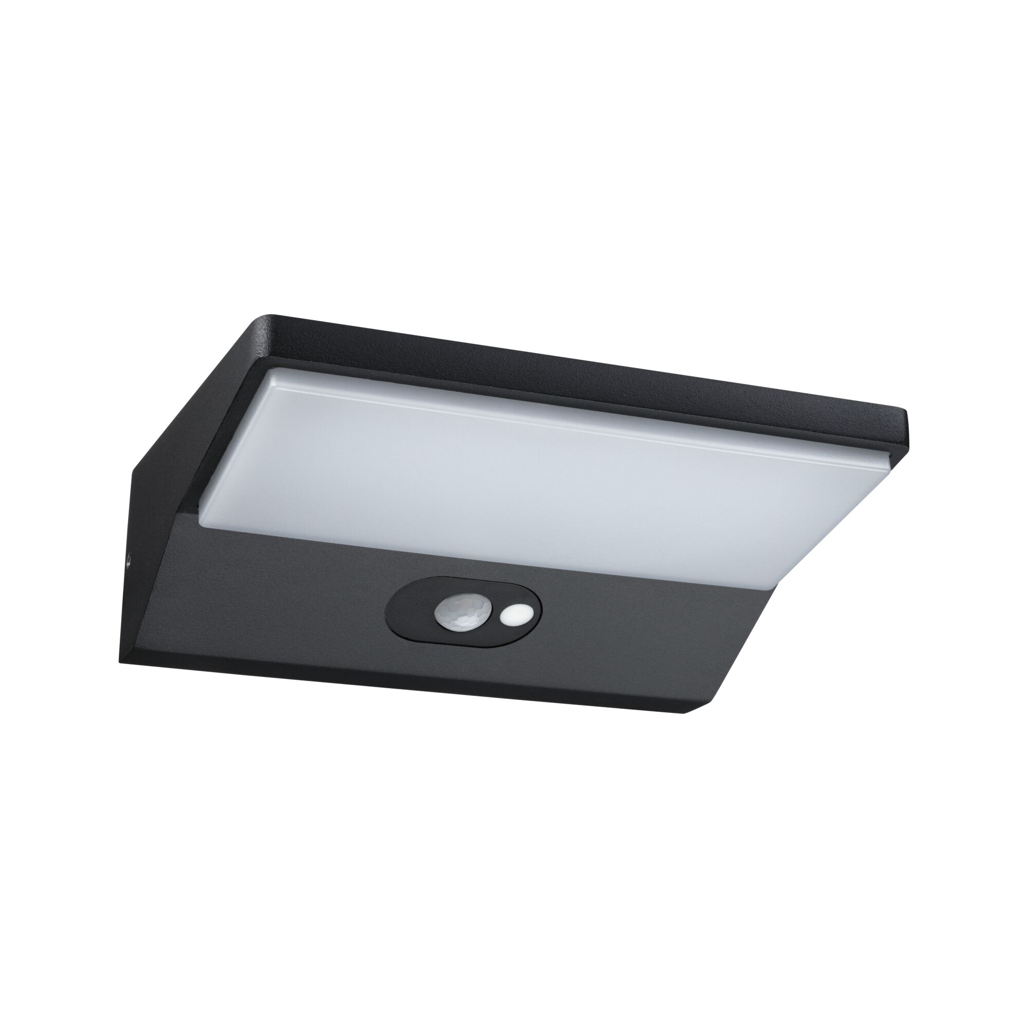 Black LED wall light with motion sensor and white diffuser for energy-efficient outdoor lighting