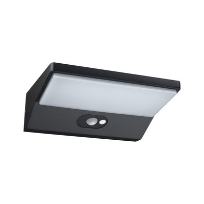 Black LED wall light with motion sensor and white diffuser for energy-efficient outdoor lighting