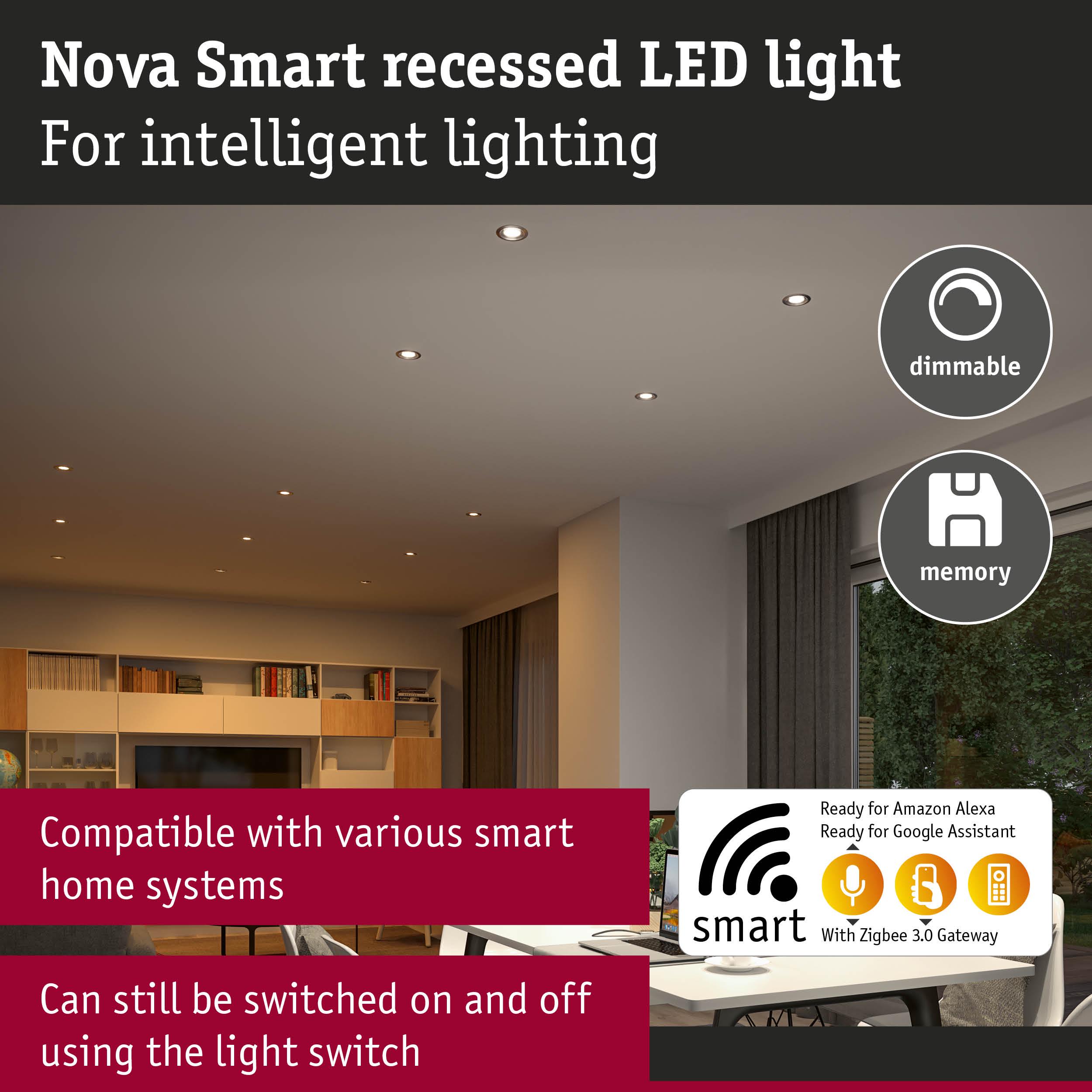 Nova Smart recessed LED light in white for dimmable, intelligent home lighting with voice assistant support