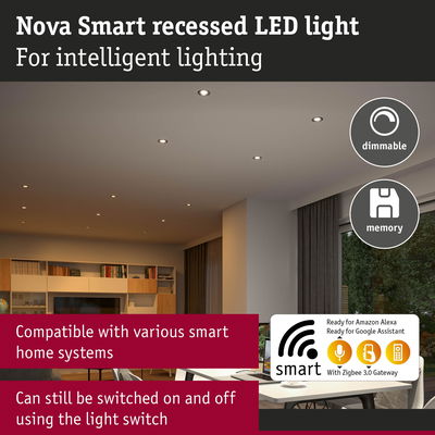 Nova Smart recessed LED light in white for dimmable, intelligent home lighting with voice assistant support