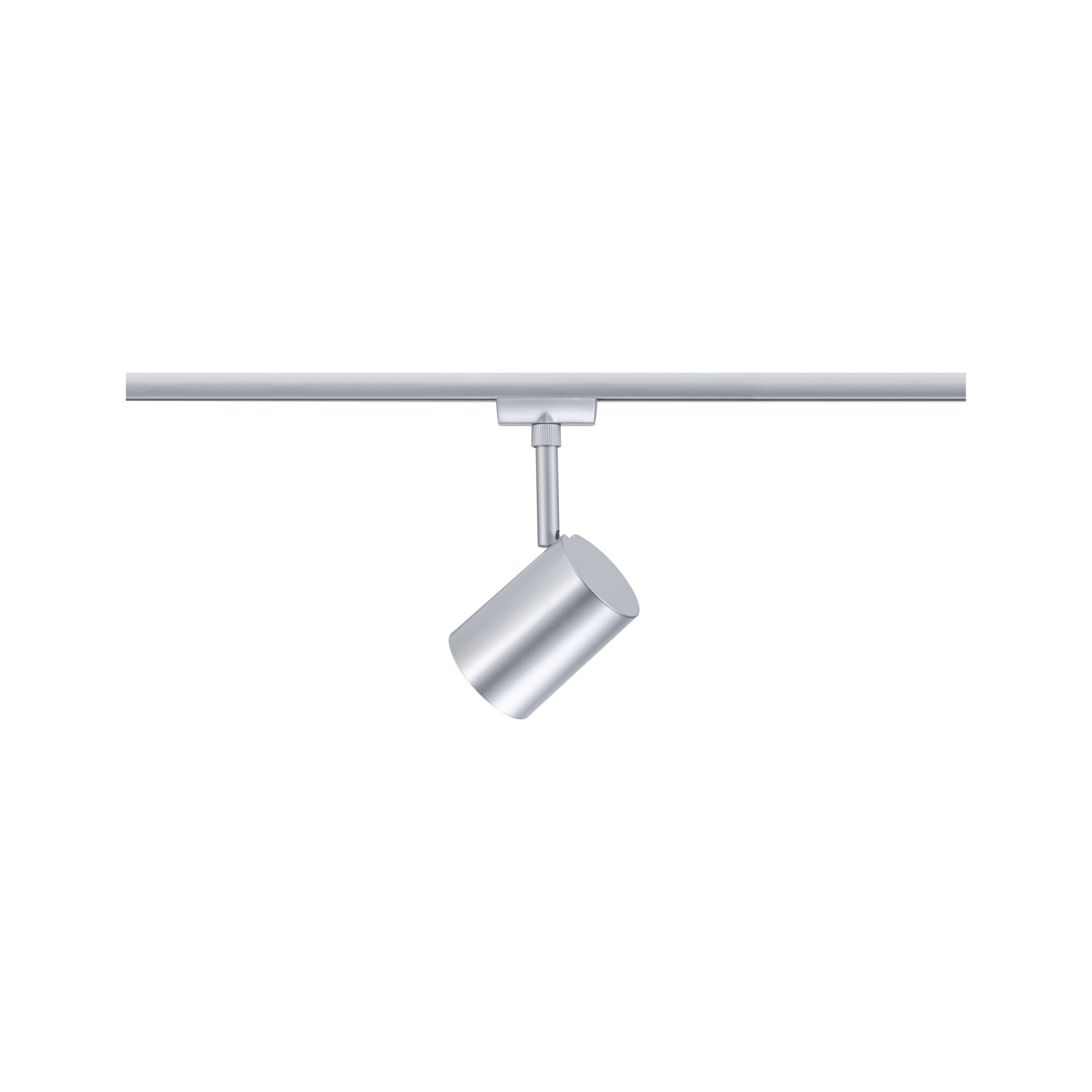 Moderner silberner LED-Strahler aus Metall an Schienensystem für flexible Beleuchtung