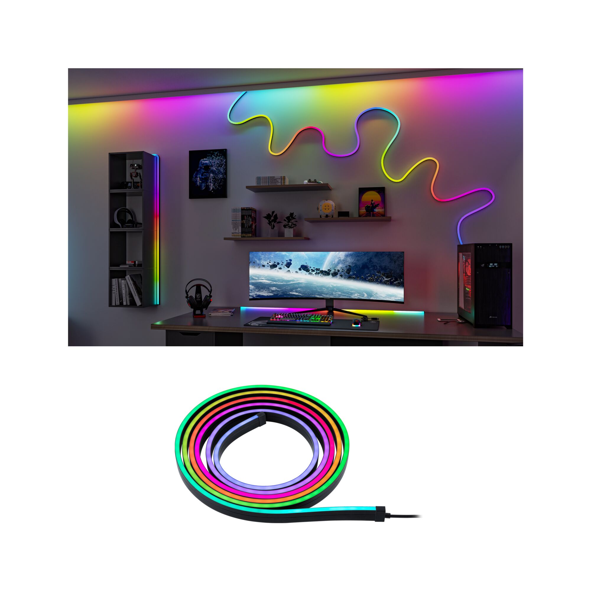 EntertainLED LED Schlauch Black Neon 3m 5W 84 LEDs/m RGB+ Bunte LED-Lichtleiste in Schwarz, flexibel für Gaming-Setup und Wanddekoration mit RGB-Farben.