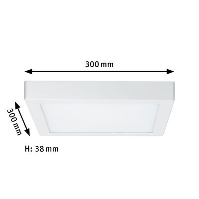 Square white LED ceiling light in plastic with 300 mm edge length and 38 mm height