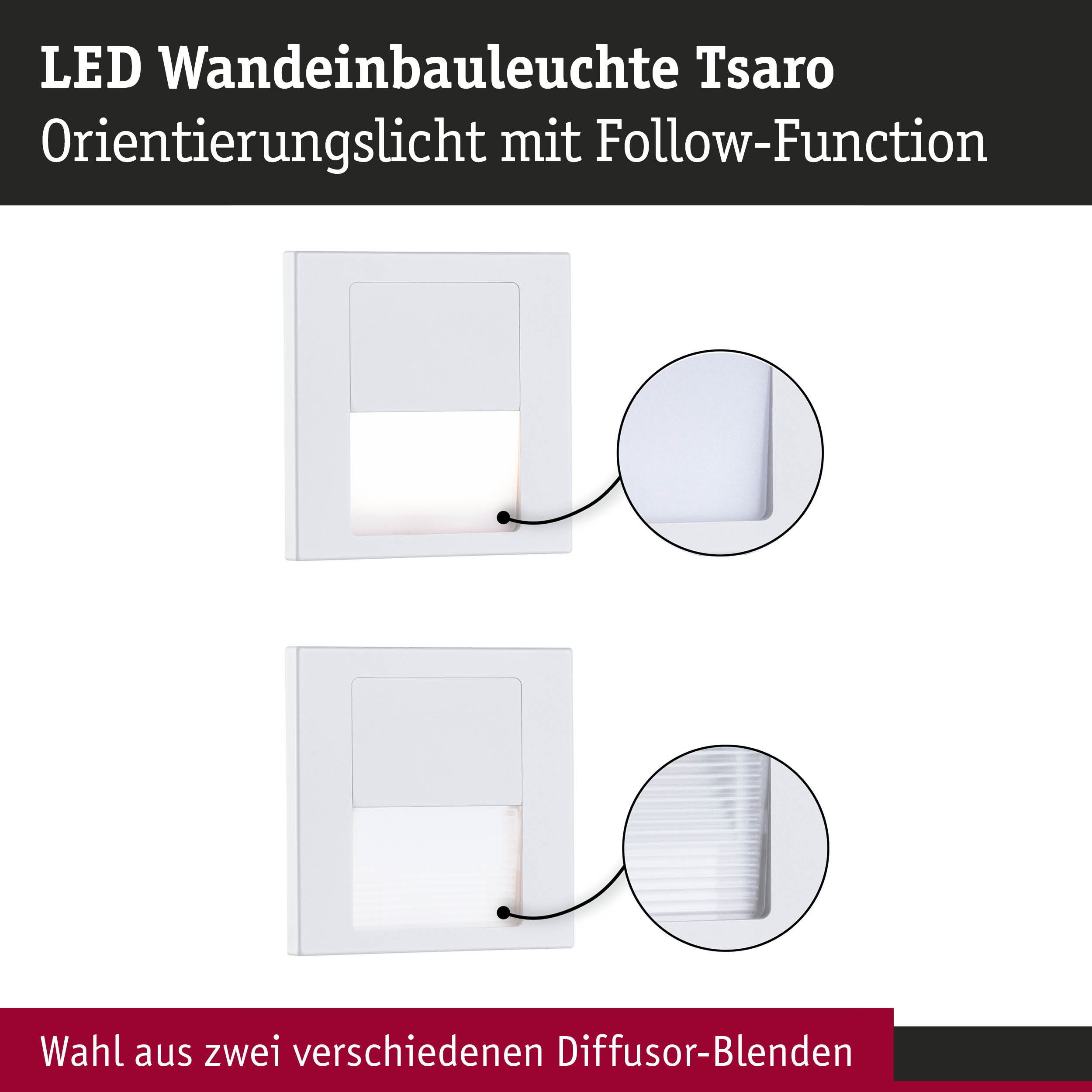 Weiße LED-Wandeinbauleuchte Tsaro mit zwei Diffusor-Blenden für orientierende Beleuchtung