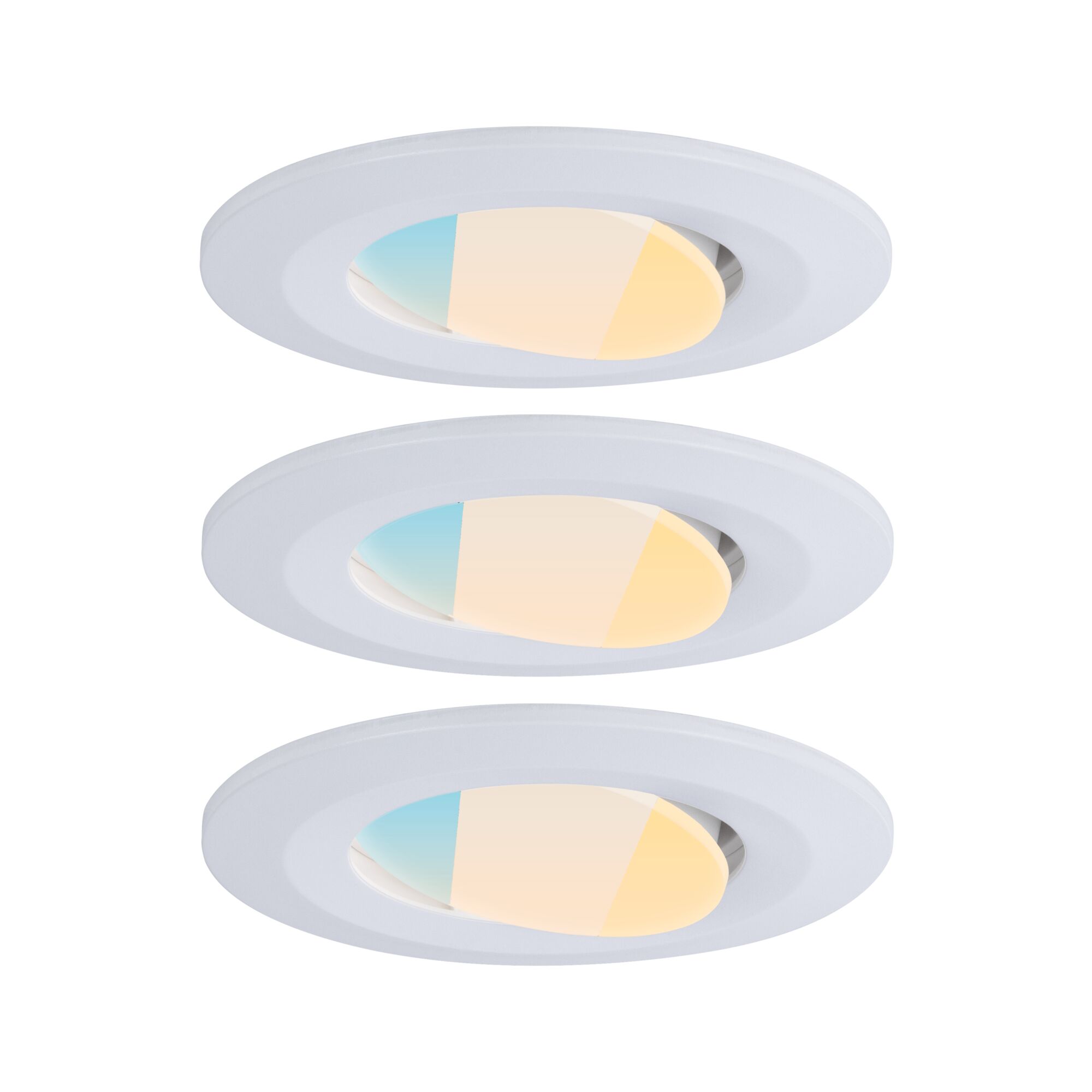 Drei weiße LED-Einbaustrahler mit einstellbarer Farbtemperatur für flexible Raumbeleuchtung