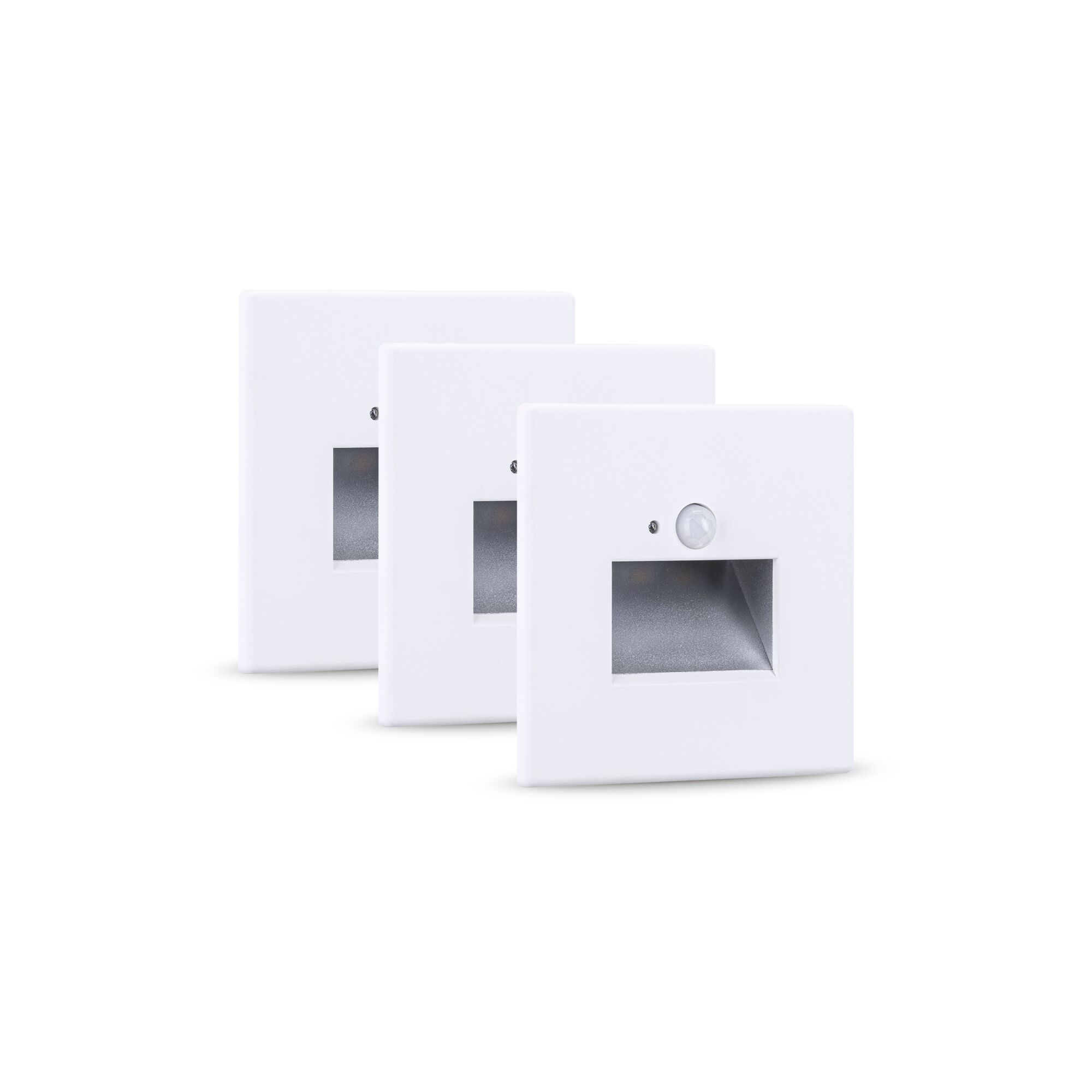 Set LED Recessed wall luminaire Edge 3-piece set 80x80mm 3x1,2W 3x25lm 230V 2700K Matt white Three white LED stair lights with motion sensor and square design for indoor lighting