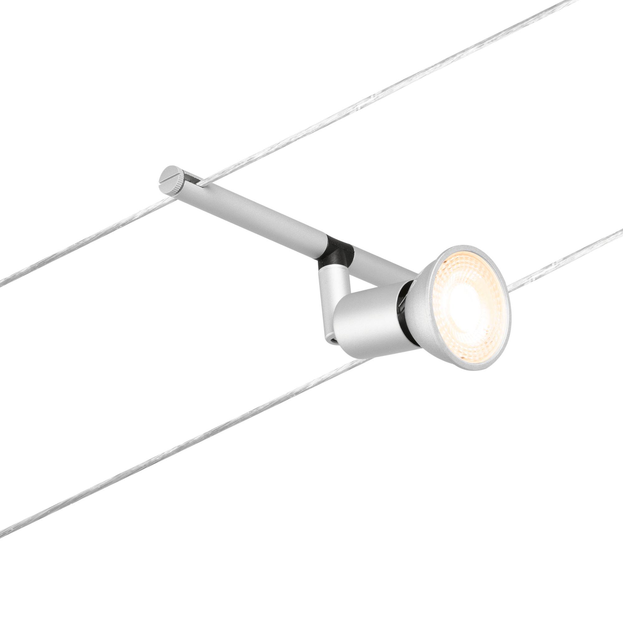 Silver metal LED cable spotlight with warm white light for modern lighting systems.