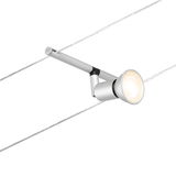 Silver metal LED cable spotlight with warm white light for modern lighting systems.