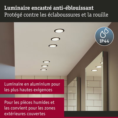 Luminaire encastré en aluminium noir anti-éblouissant avec protection IP44 pour pièces humides et extérieurs couverts