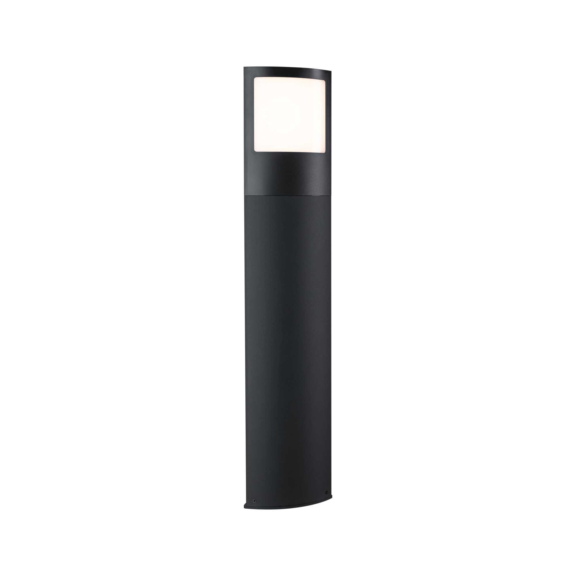 Modern black metal outdoor bollard with white light panel for garden and pathway lighting
