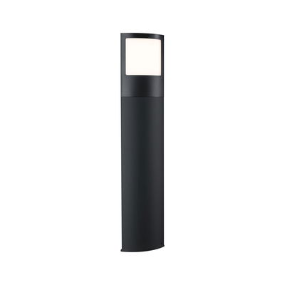 Modern black metal outdoor bollard with white light panel for garden and pathway lighting