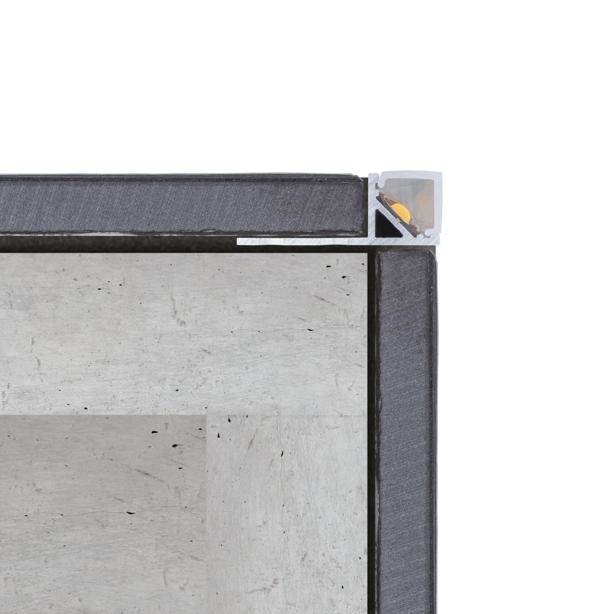 Cross-section of aluminum profile with LED lighting and black frame for light panels