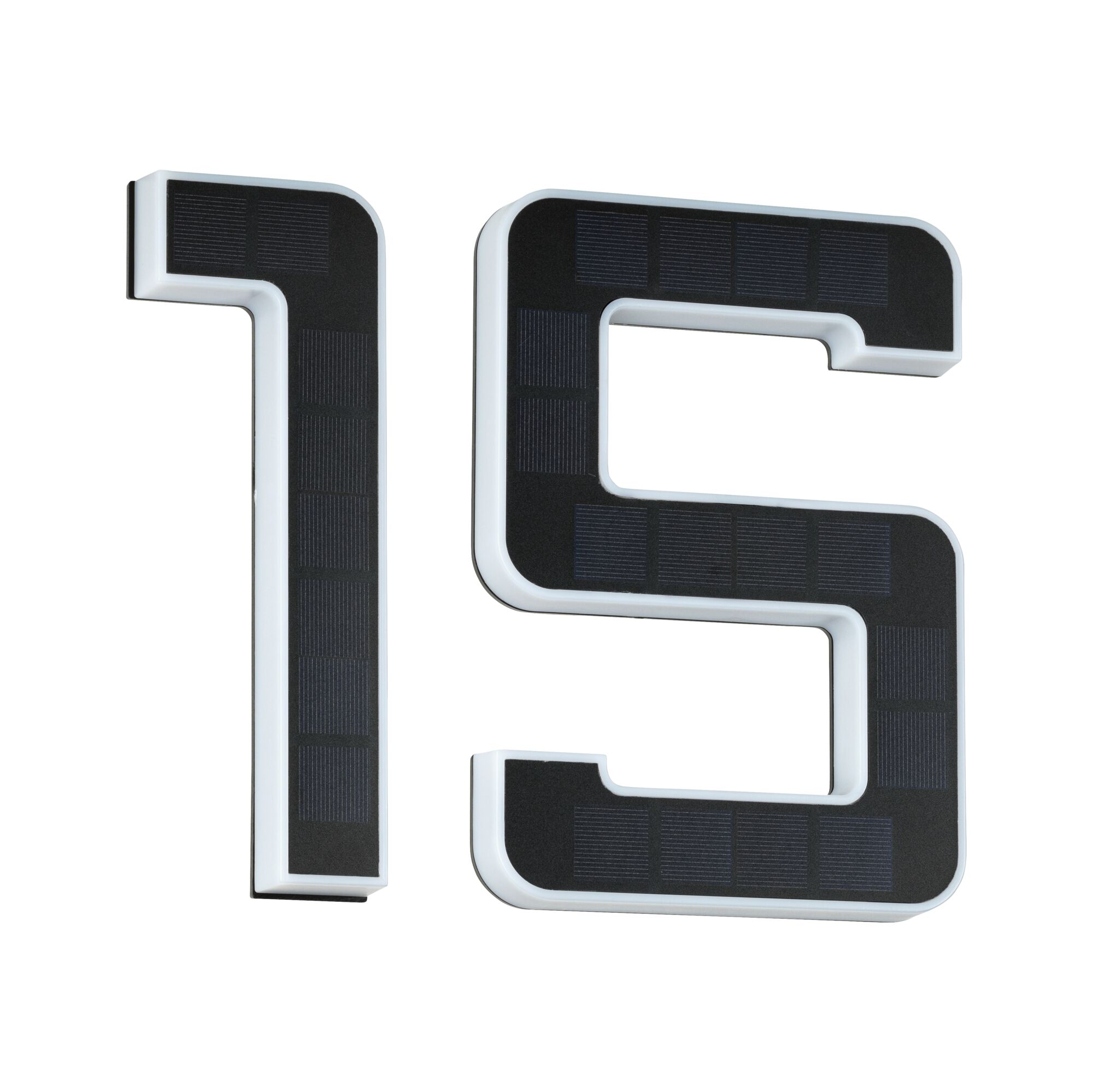 House number 15 in black solar material with white frame for energy-efficient outdoor lighting