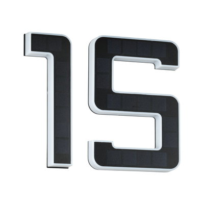 House number 15 in black solar material with white frame for energy-efficient outdoor lighting