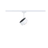 Modern white metal LED spotlight with black interior on white track for accent lighting