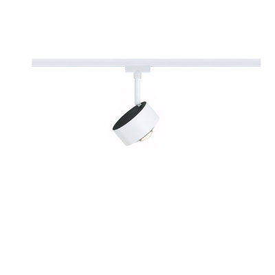 Modern white metal LED spotlight with black interior on white track for accent lighting