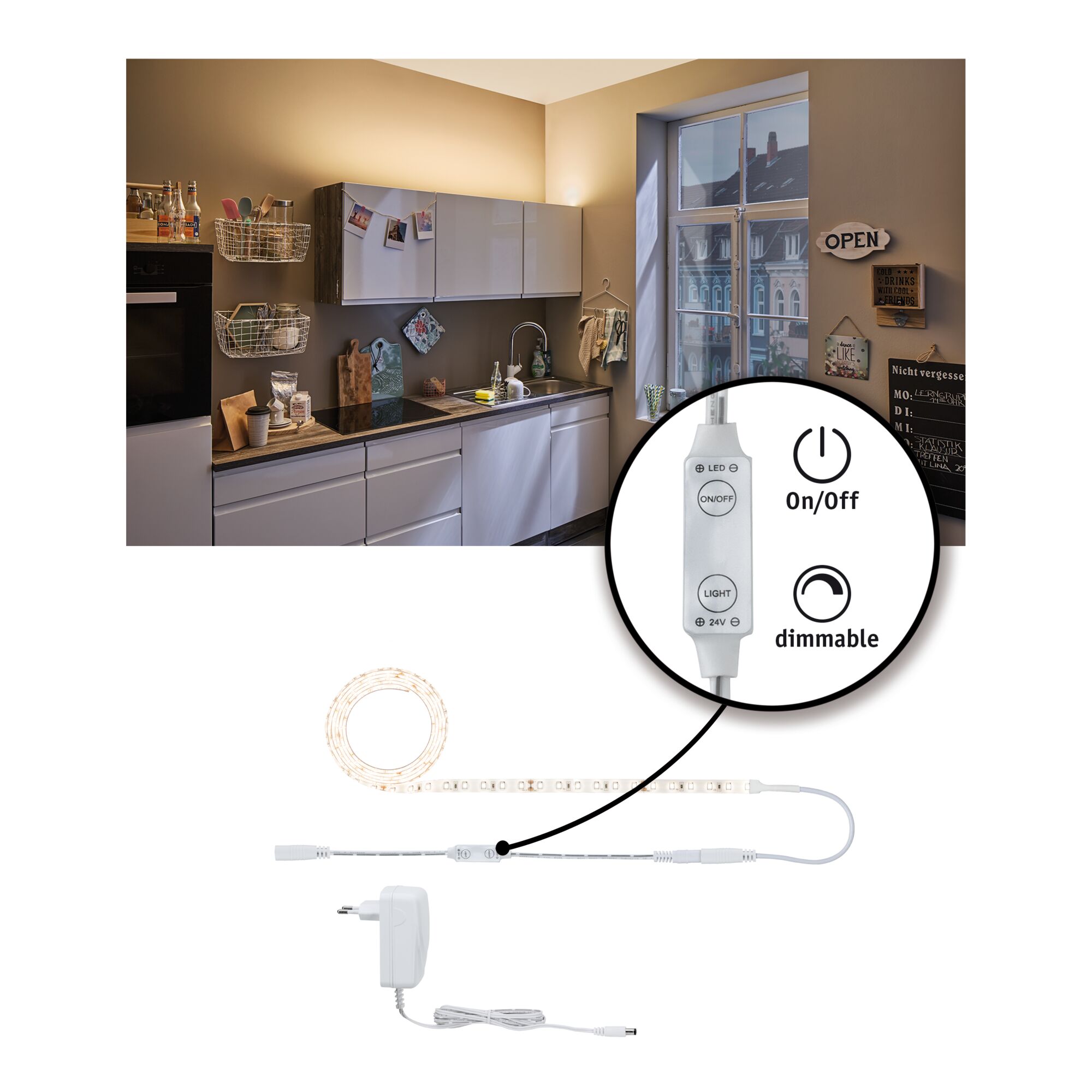 Dimmbarer LED-Streifen mit weißem Controller und Netzteil, ideal für Küchenbeleuchtung und Lichtsteuerung