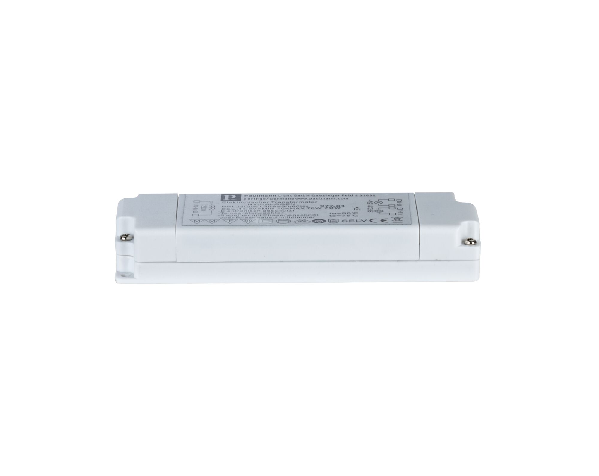 VDE Electronic Transformer Flat Halogen AC max. 20-70W 230/12V 70VA White White electronic ballast made of plastic for LED lighting with technical specifications
