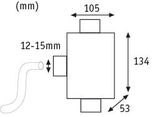 Technical drawing of a rectangular component measuring 105x134x53 mm with 12-15 mm pipe connection.