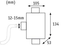 Dessin technique d'un composant rectangulaire de 105x134x53 mm avec raccord de tuyau de 12-15 mm.