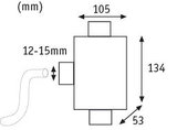 Technische Zeichnung eines rechteckigen Bauteils mit Maßen 105x134x53 mm und 12-15 mm Rohranschluss.