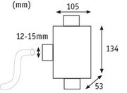 Dessin technique d'un composant rectangulaire de 105x134x53 mm avec raccord de tuyau de 12-15 mm.