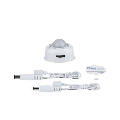 White motion sensor with two white connection cables and 3M adhesive pad for LED lighting