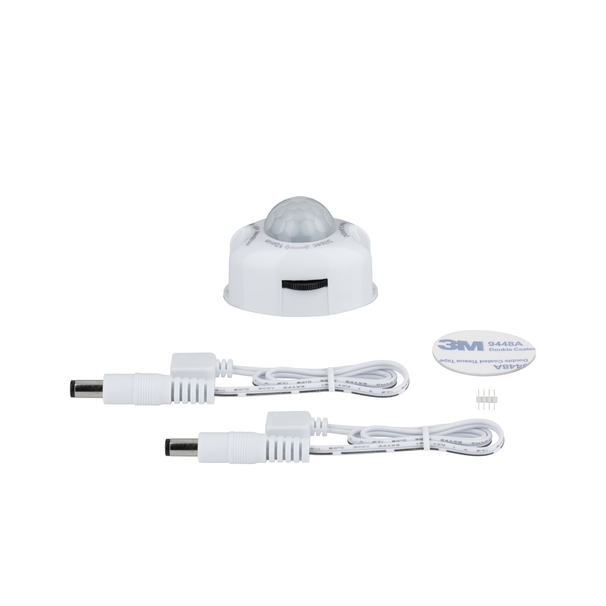 White motion sensor with two white connection cables and 3M adhesive pad for LED lighting
