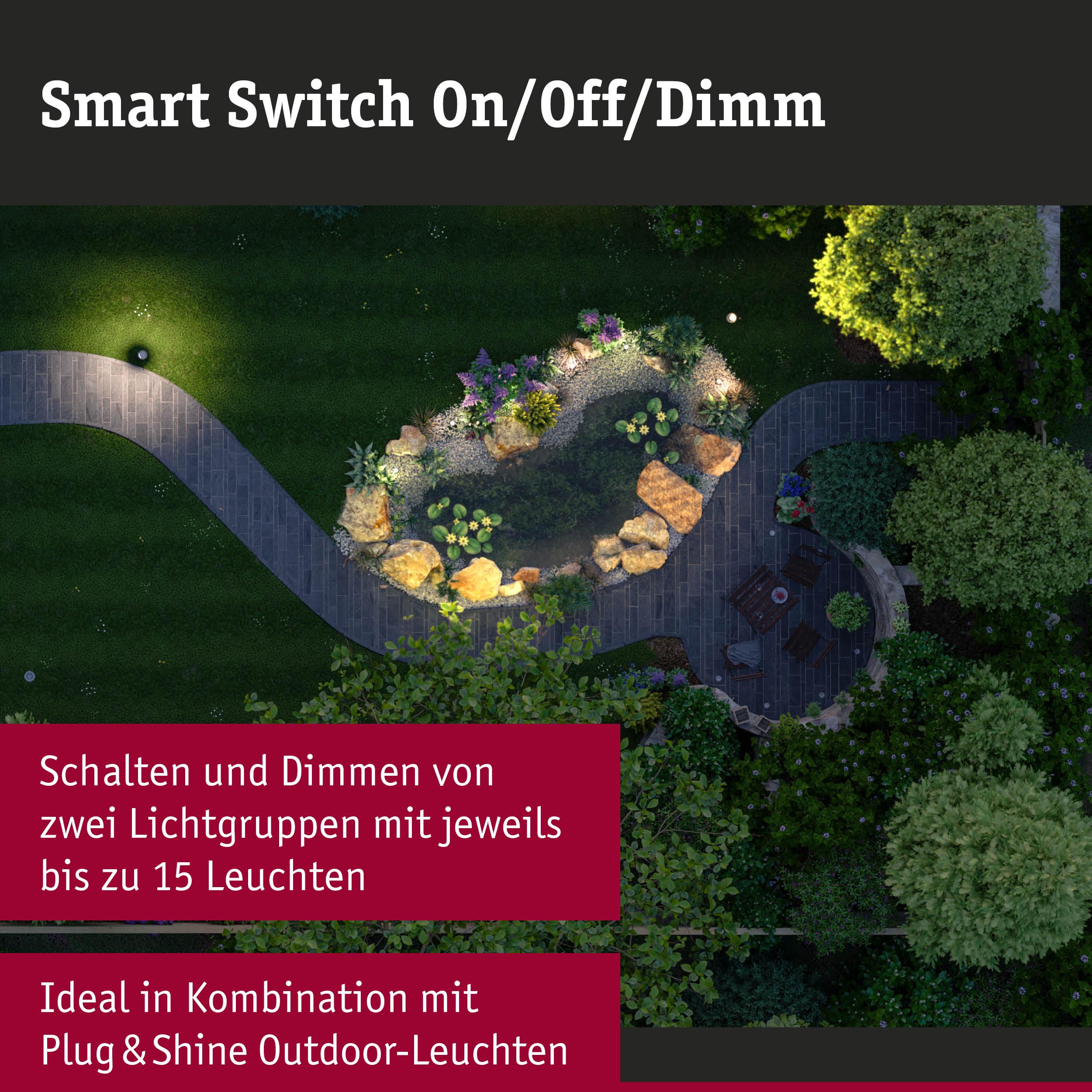 Garten mit beleuchtetem Teich und Weg, beworben wird Smart Switch zum Schalten und Dimmen von Außenleuchten