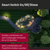 Garten mit beleuchtetem Teich und Weg, beworben wird Smart Switch zum Schalten und Dimmen von Außenleuchten