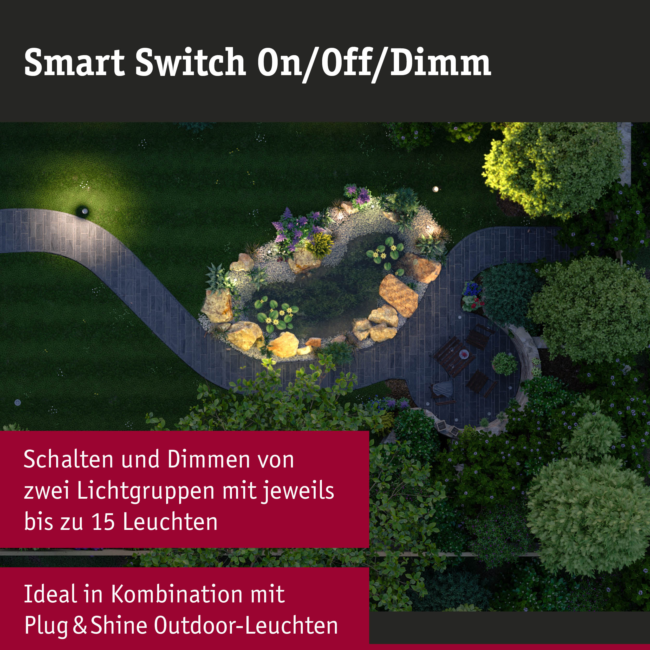 Garten mit beleuchtetem Teich und Weg bei Nacht, Outdoor-Beleuchtung mit smartem Schalter dimmbar