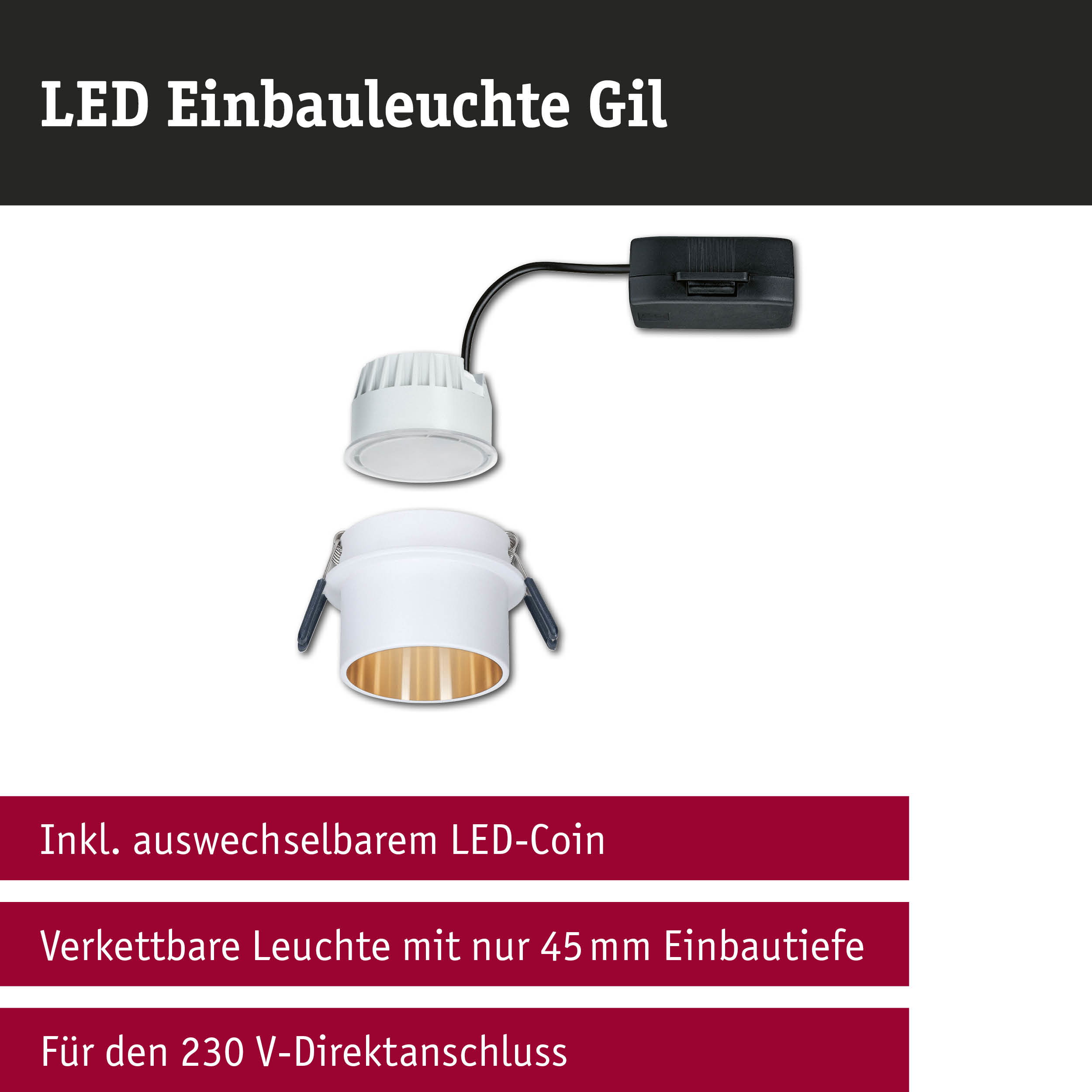 Weiße LED Einbauleuchte Gil mit goldfarbener Innenfläche und schwarzem Anschlusskabel