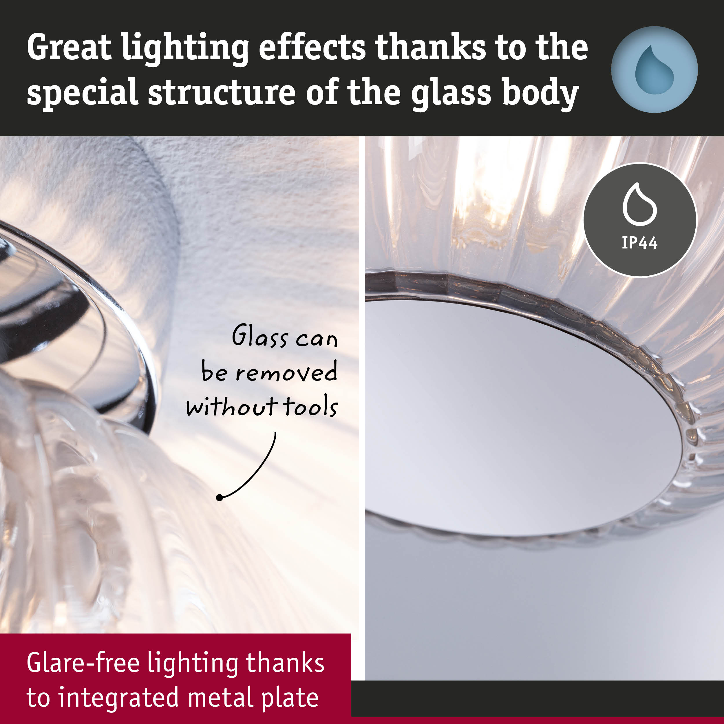 Glass light fixture with special structure for glare-free lighting and removable glass body without tools