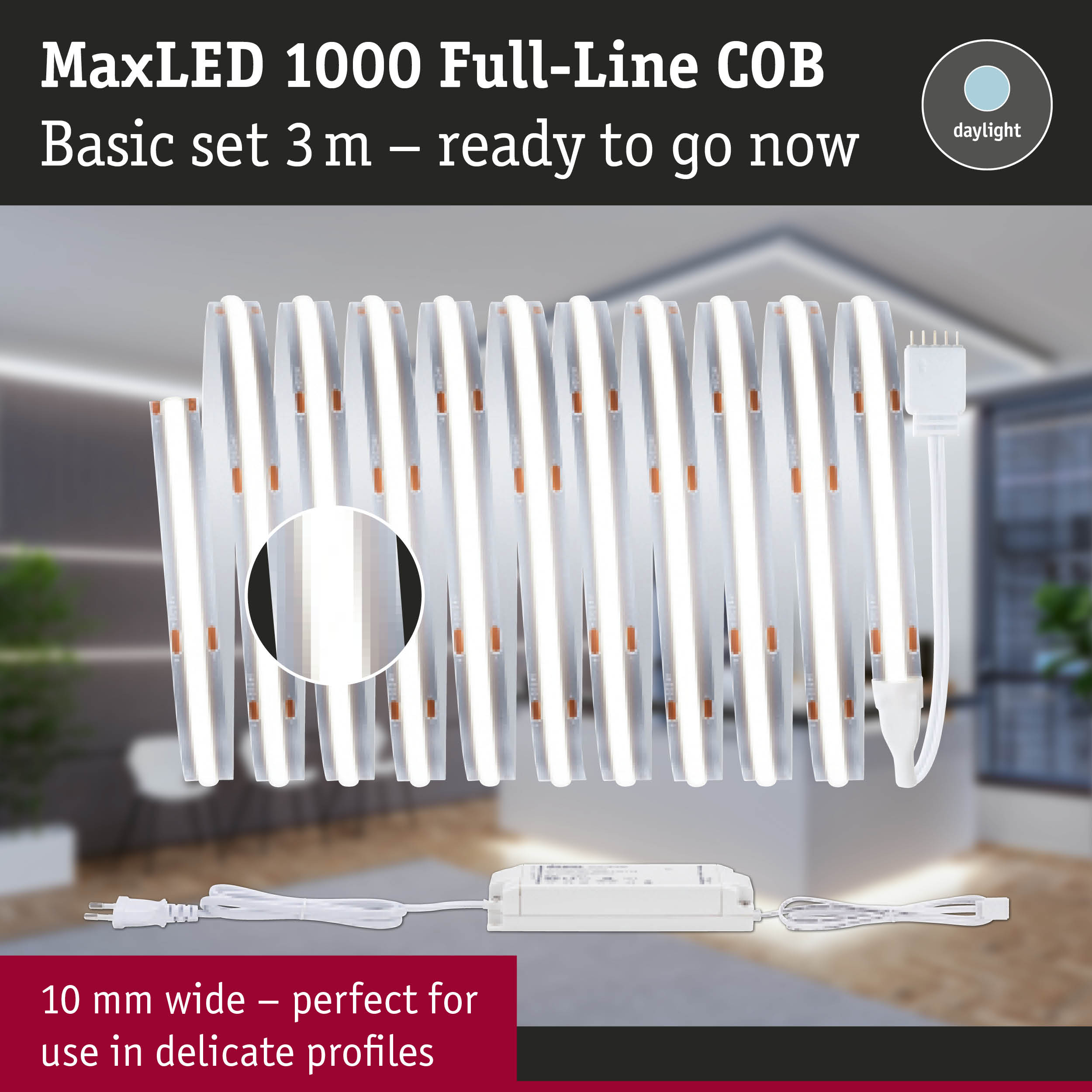 MaxLED 1000 Full-Line COB 3m white LED strip with power supply for delicate profiles