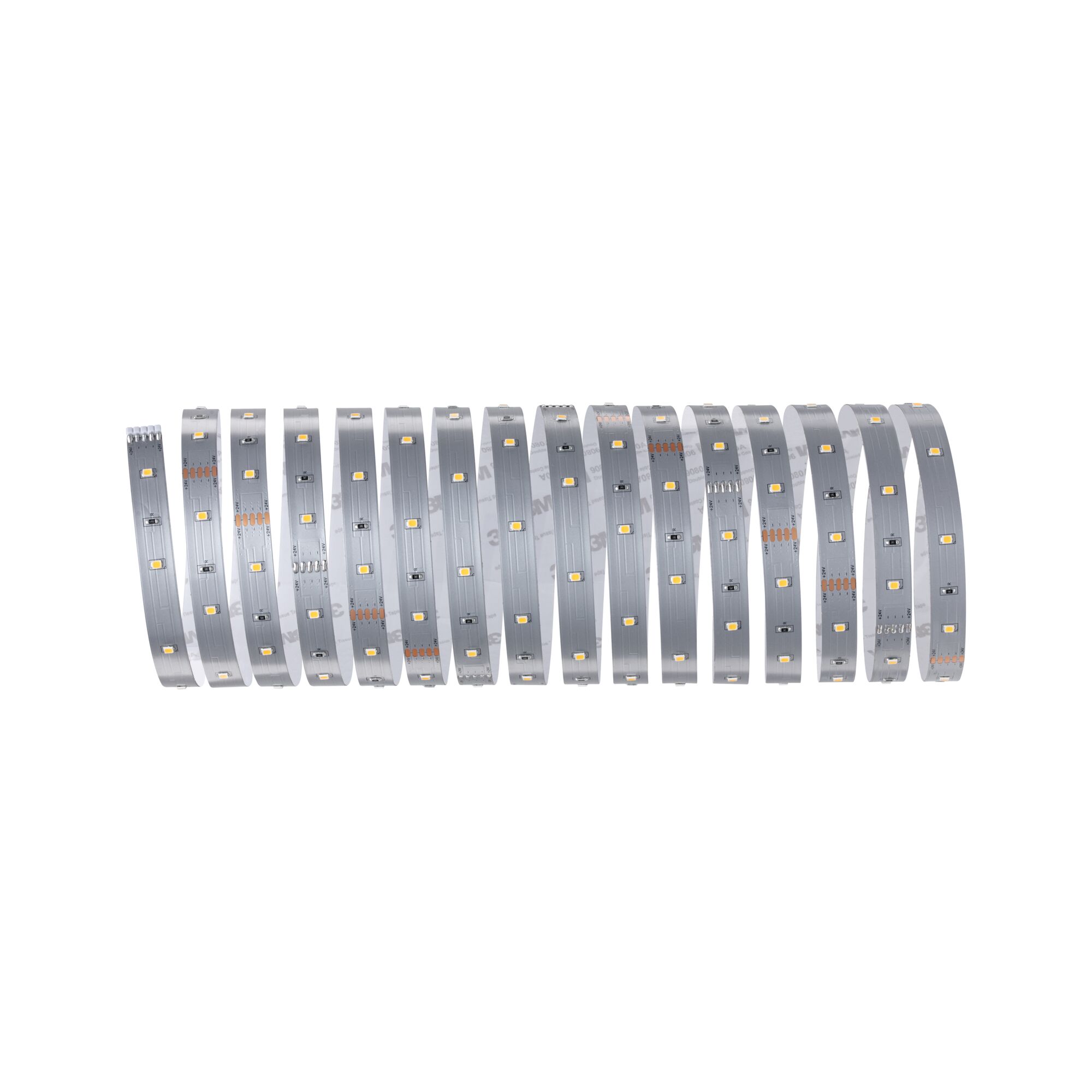 Flexible silver LED strip with warm white lights for versatile modern lighting applications