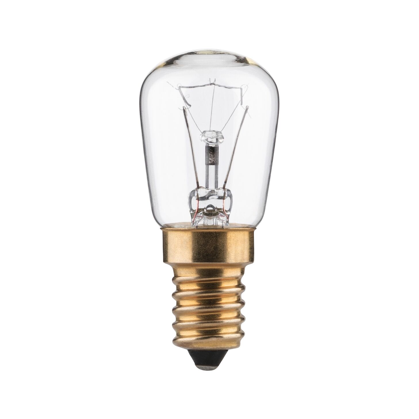 Kleine Glühlampe mit transparentem Glas und goldfarbenem Schraubsockel für Beleuchtungslösungen